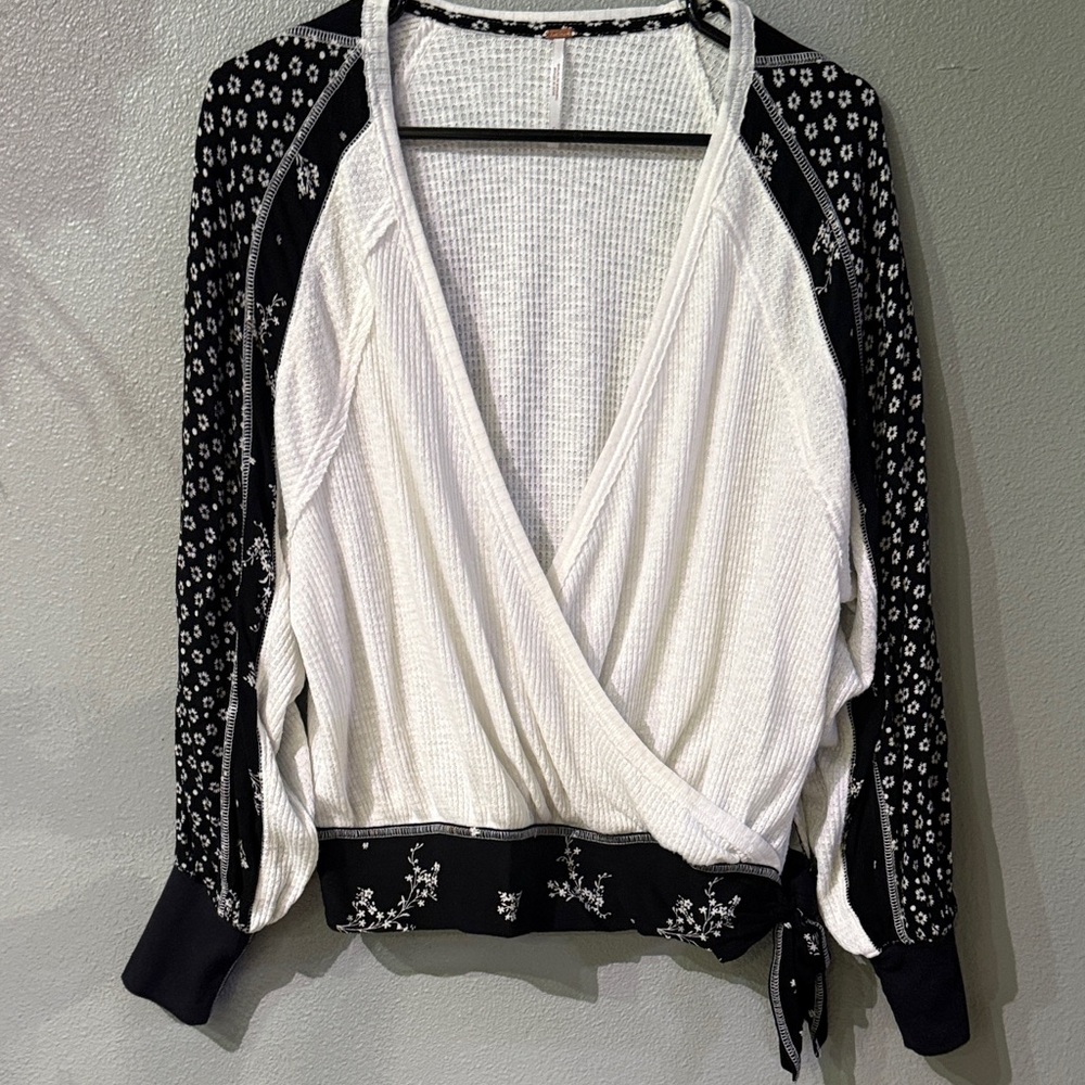 Free People Wrap-Front Long Sleeve Top in White and Black. Size small.